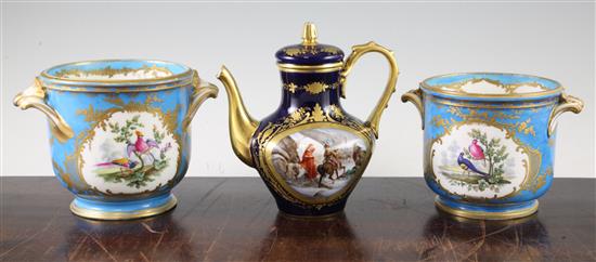 Two Sevres style porcelain wine coolers and a coffee pot and cover, 19th century, 16.5cm, 16cm, damage to coffee pot